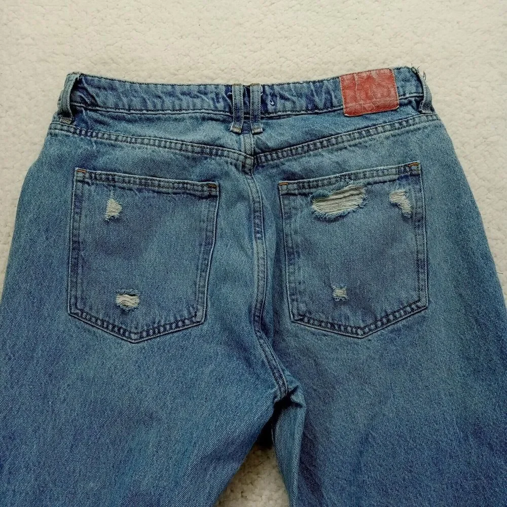 Zara Straight Baggy Jeans Womens‎ 10 (W32) Raw Hem Distressed Cotton Denim Heavy